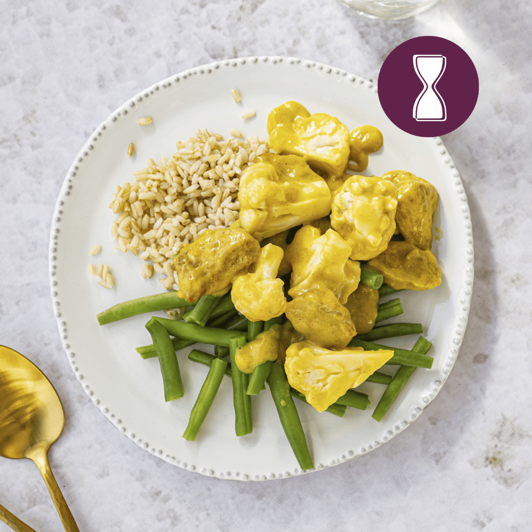 Afslank: Kip kerrie met rijst en sperziebonen