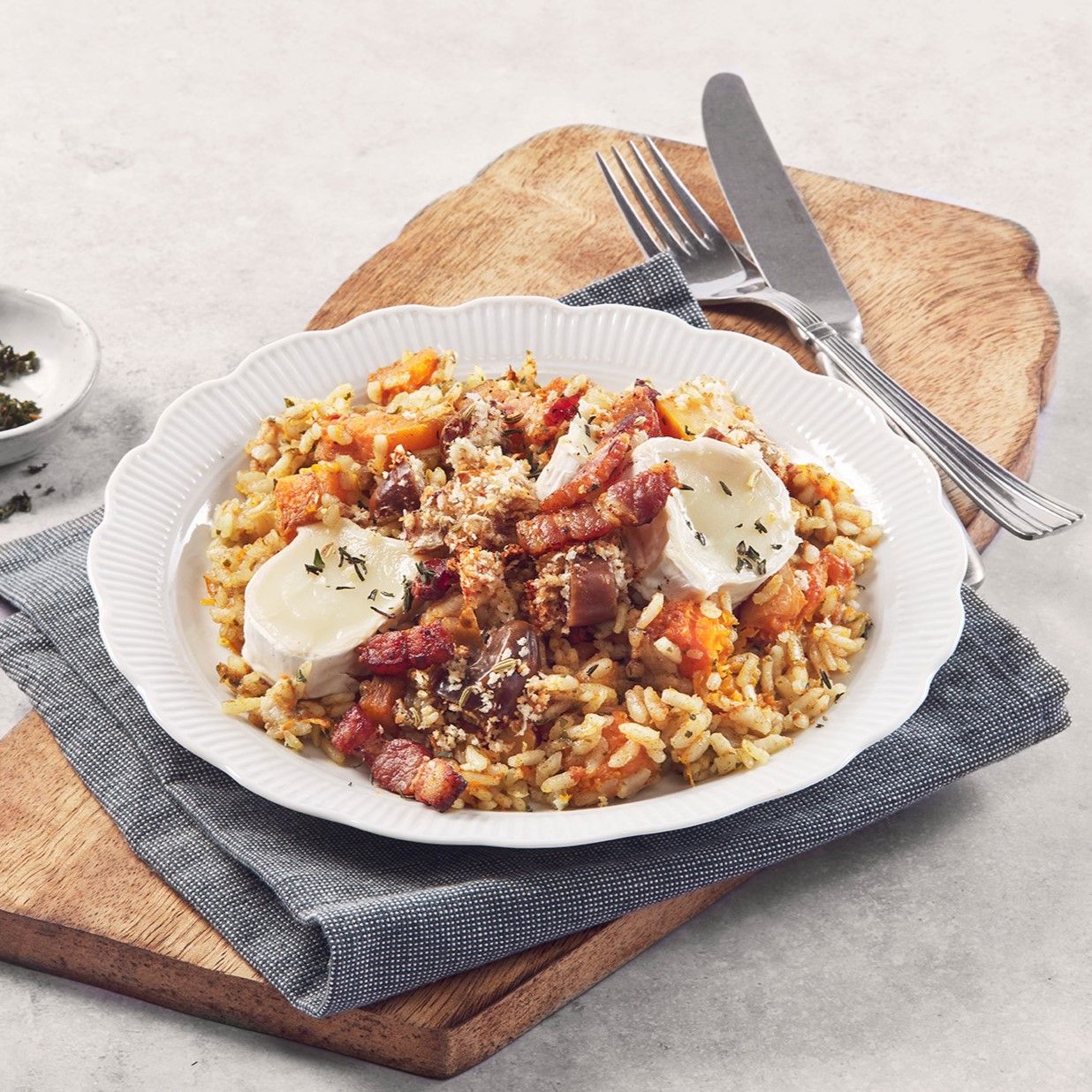 Pompoenrisotto met spek, geitenkaas en dadel