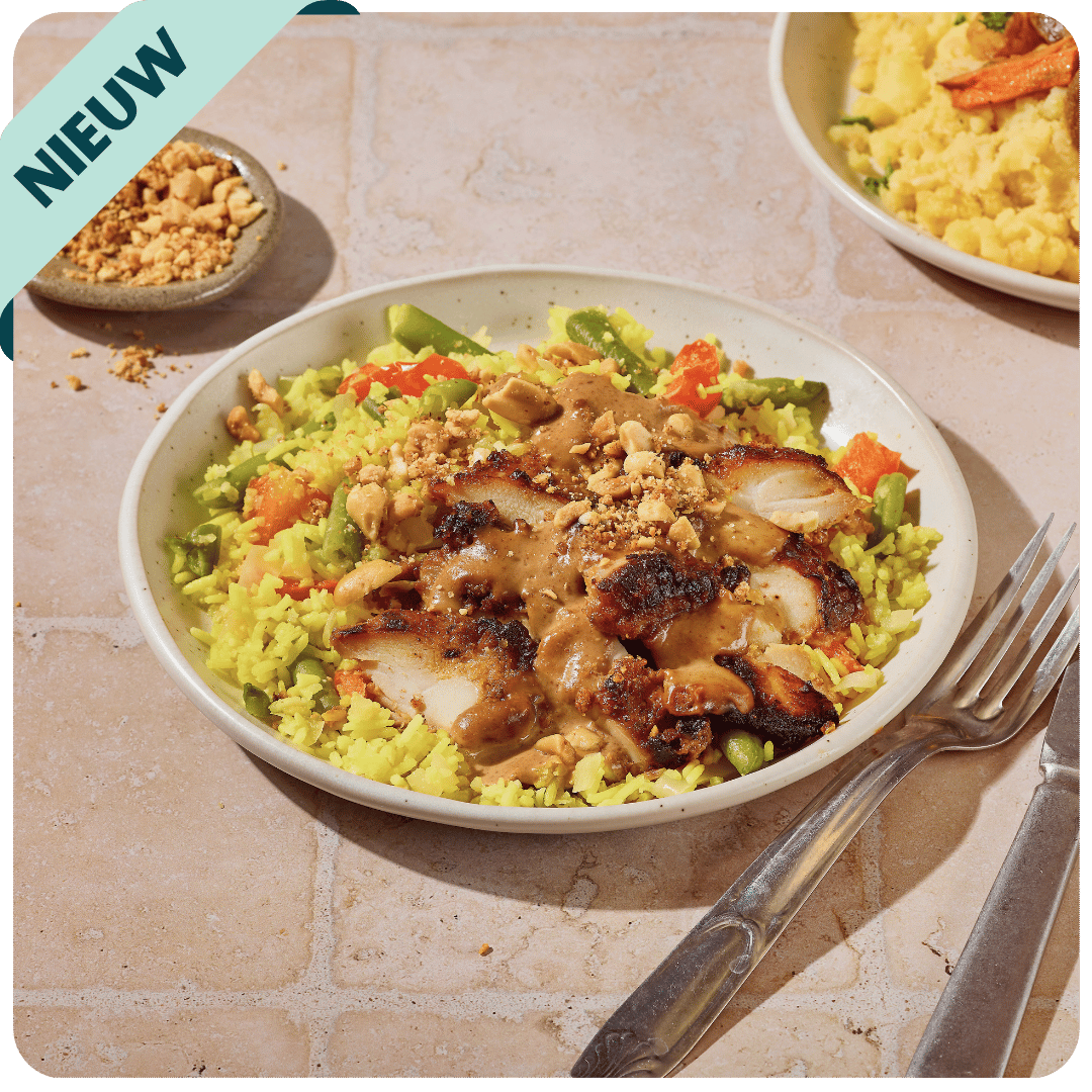 Kipsaté met rijst en groenten